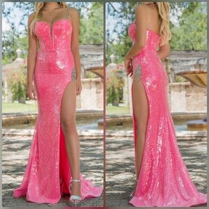 Neon hot pink sparkly tight fitting prom dress